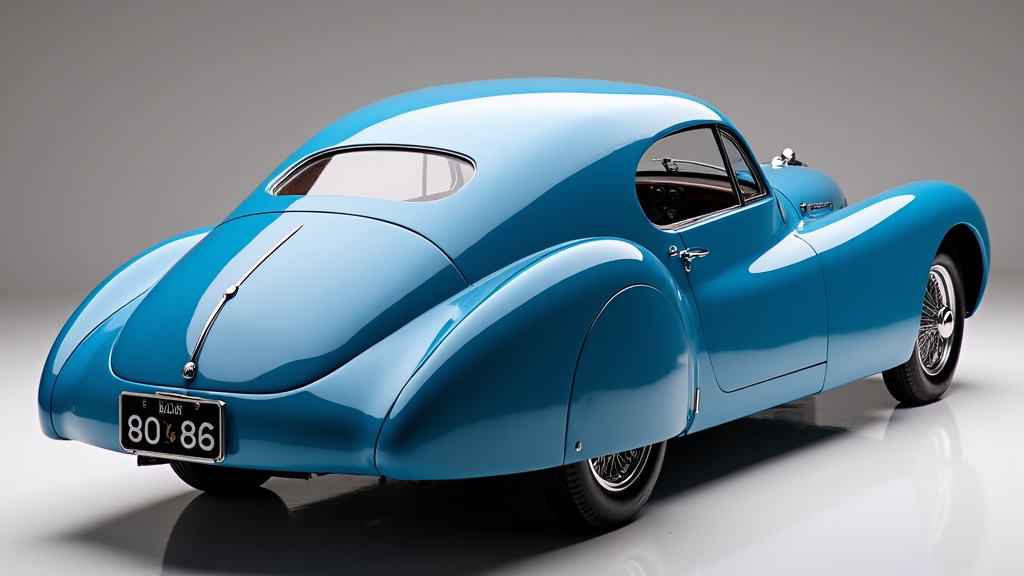 Bugatti Type 57 SC Atlantic en exposition, mettant en valeur sa carrosserie élégante, sa crête dorsale et ses lignes aérodynamiques