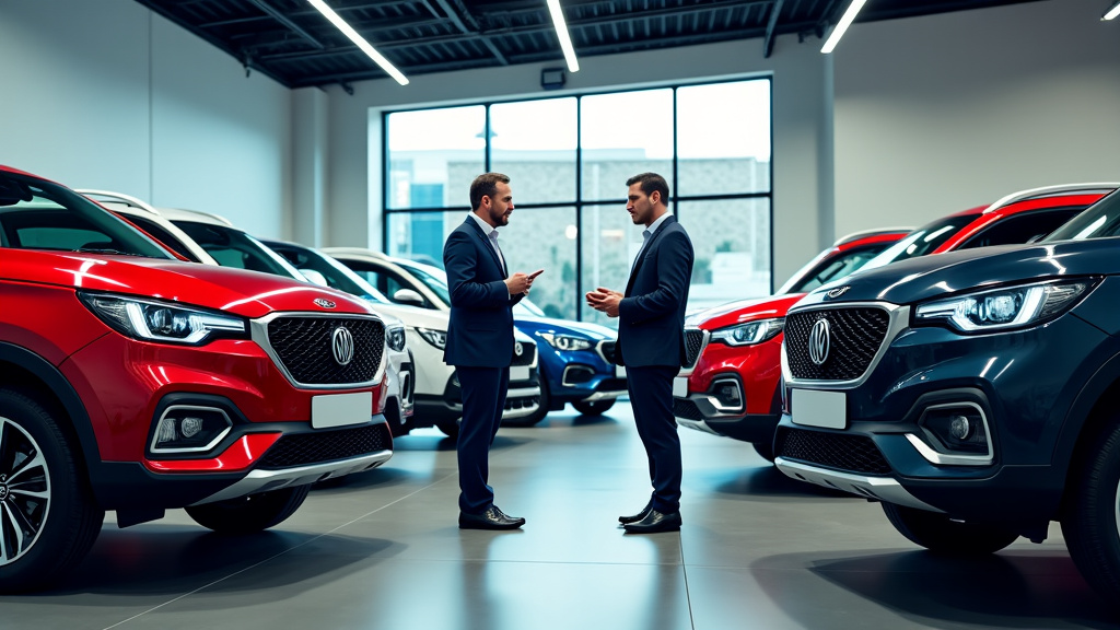 Concessionnaire MG moderne en 2025, avec plusieurs modèles exposés et un client en discussion avec un conseiller