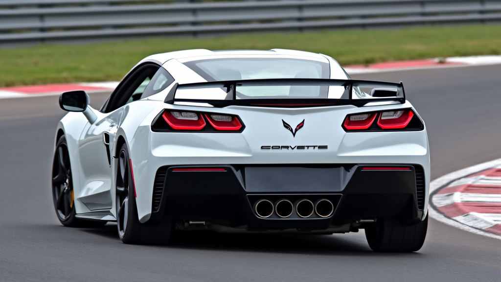Corvette de course en action sur un circuit, avec livrée officielle et aileron arrière