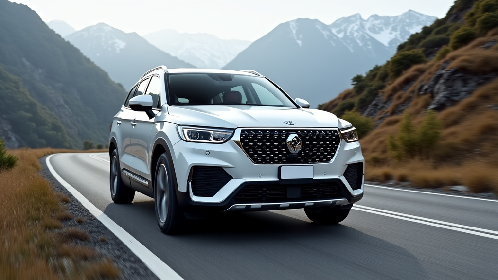 KGM Rexton en conduite sur une route de montagne, montrant sa posture imposante et ses capacités tout-terrain