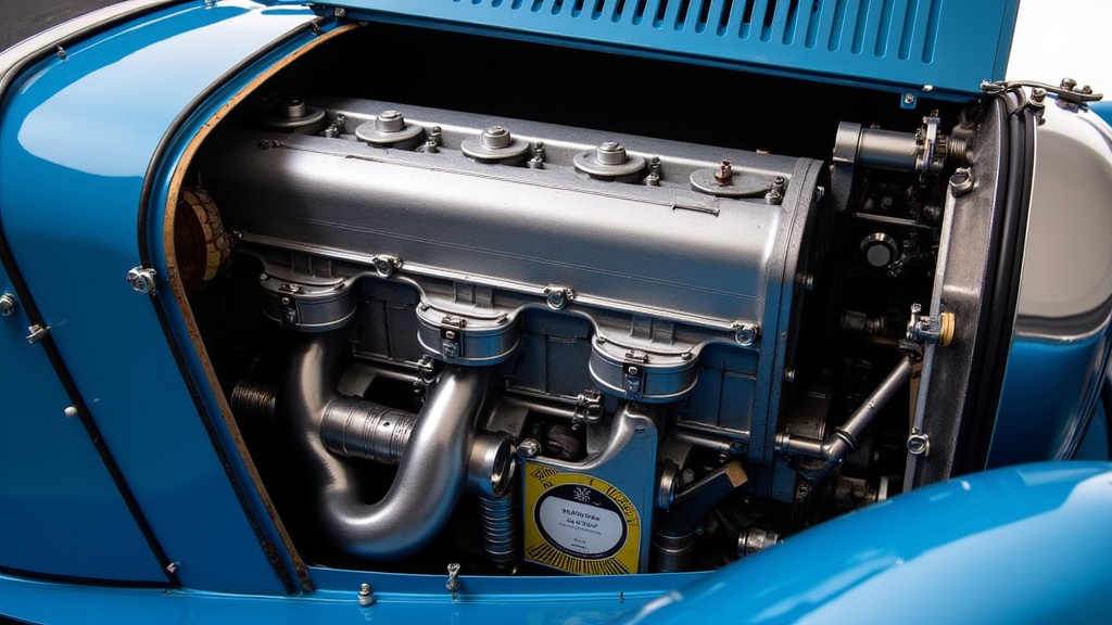 Le moteur 8 cylindres en ligne de la Bugatti Type 57 SC Atlantic avec détails techniques visibles