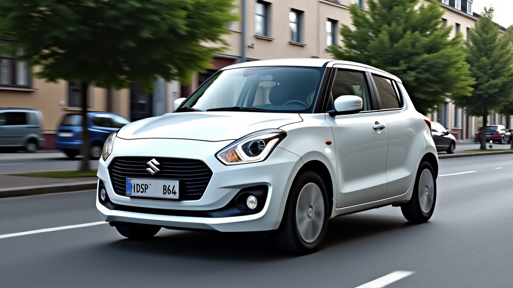 Suzuki Swift hybride en circulation en ville, avec des arbres et des immeubles en arrière-plan