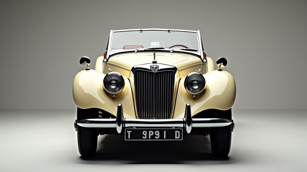 Voiture MG des années 1950 sur fond de concession BMC, illustrant l