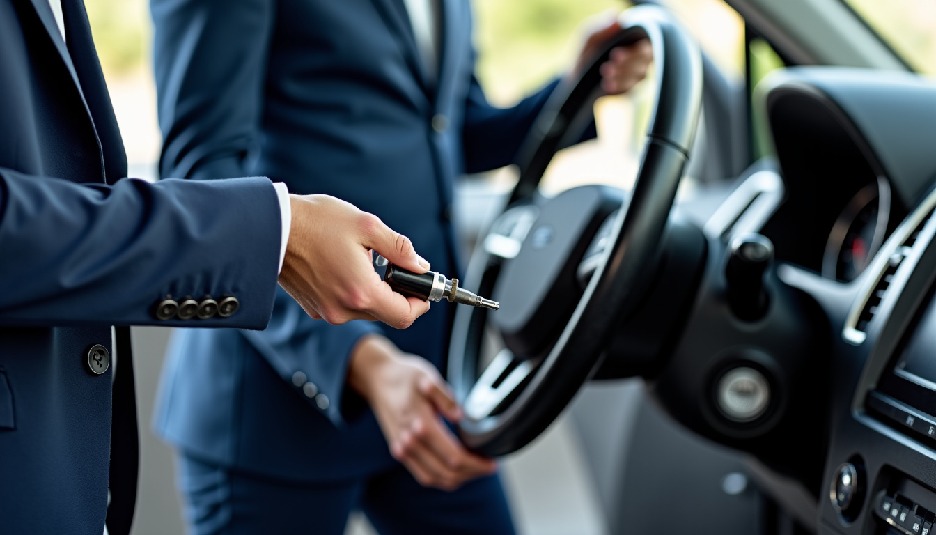 Conducteur en train de vérifier la pression de ses pneus avec un manomètre