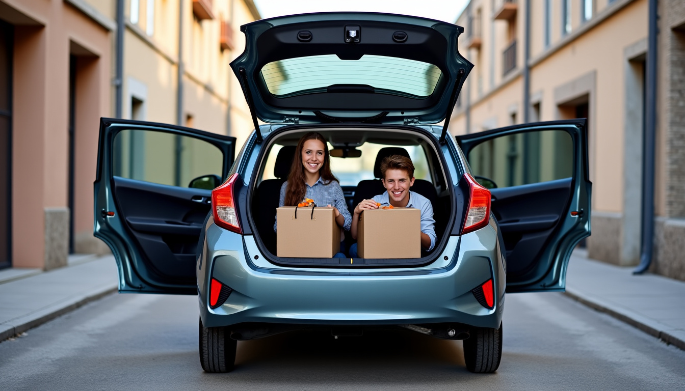 Famille utilisant une Yaris 5 portes pour des courses en ville, montrant le chargement du coffre et l