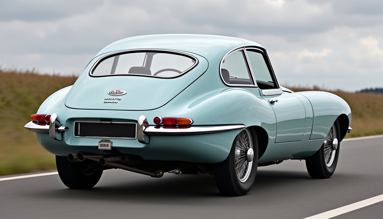 Jaguar E-Type de 1961 en bon état, vue de profil sur route sinueuse