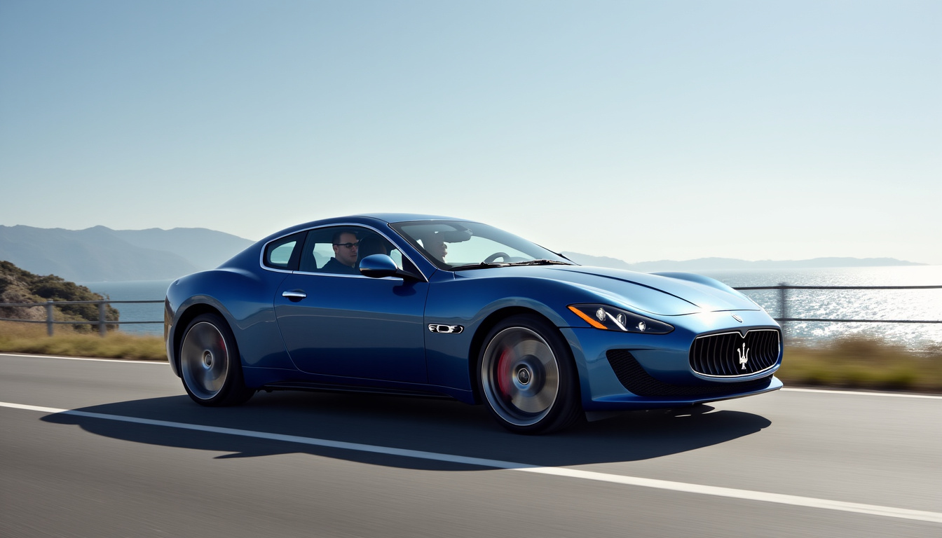 Maserati Grecale Folgore en conduite sur une route côtière, illustrant l