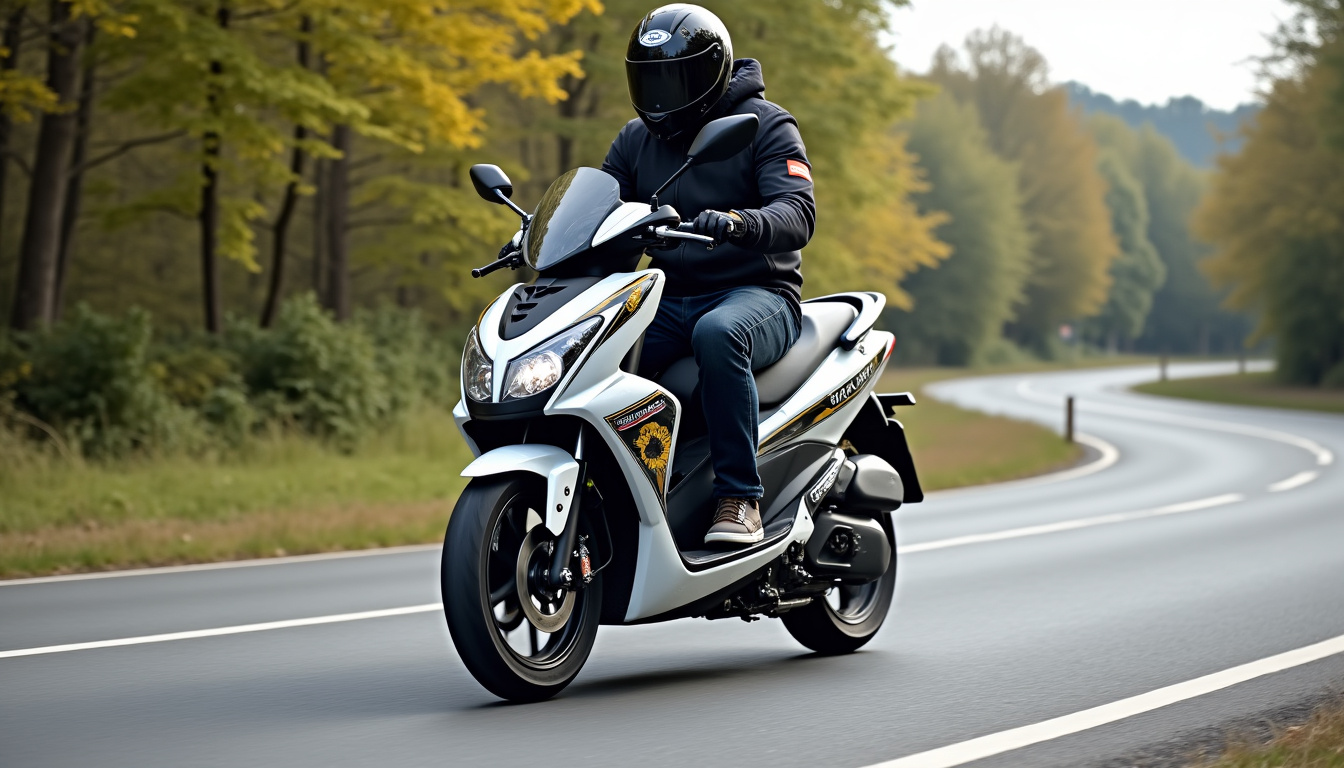 Moto 125 cm³ en train de circuler sur une route secondaire, positionnée pour illustrer sa maniabilité et son design sportif