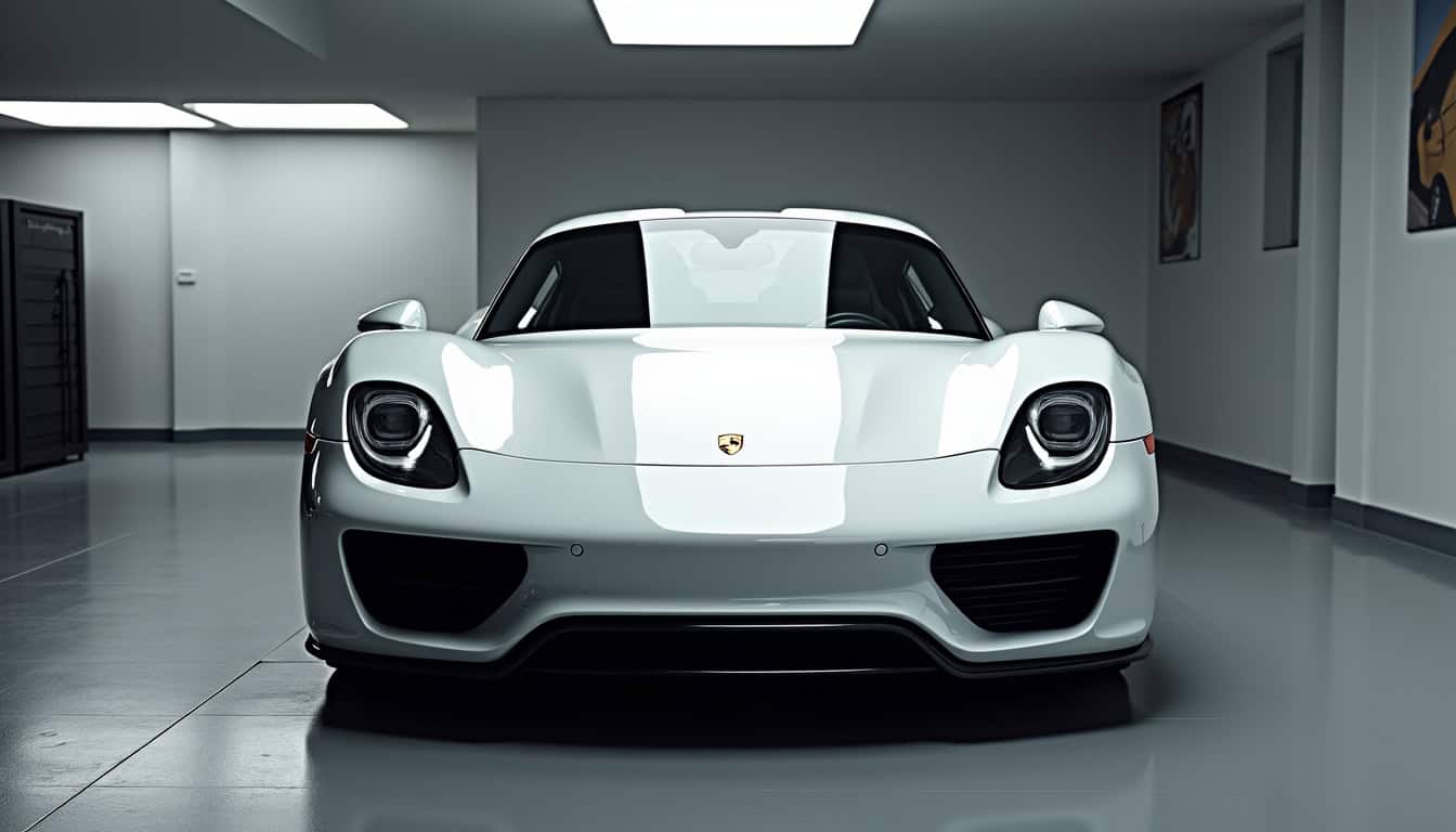 Voiture de luxe Porsche blanche en intérieur moderne.