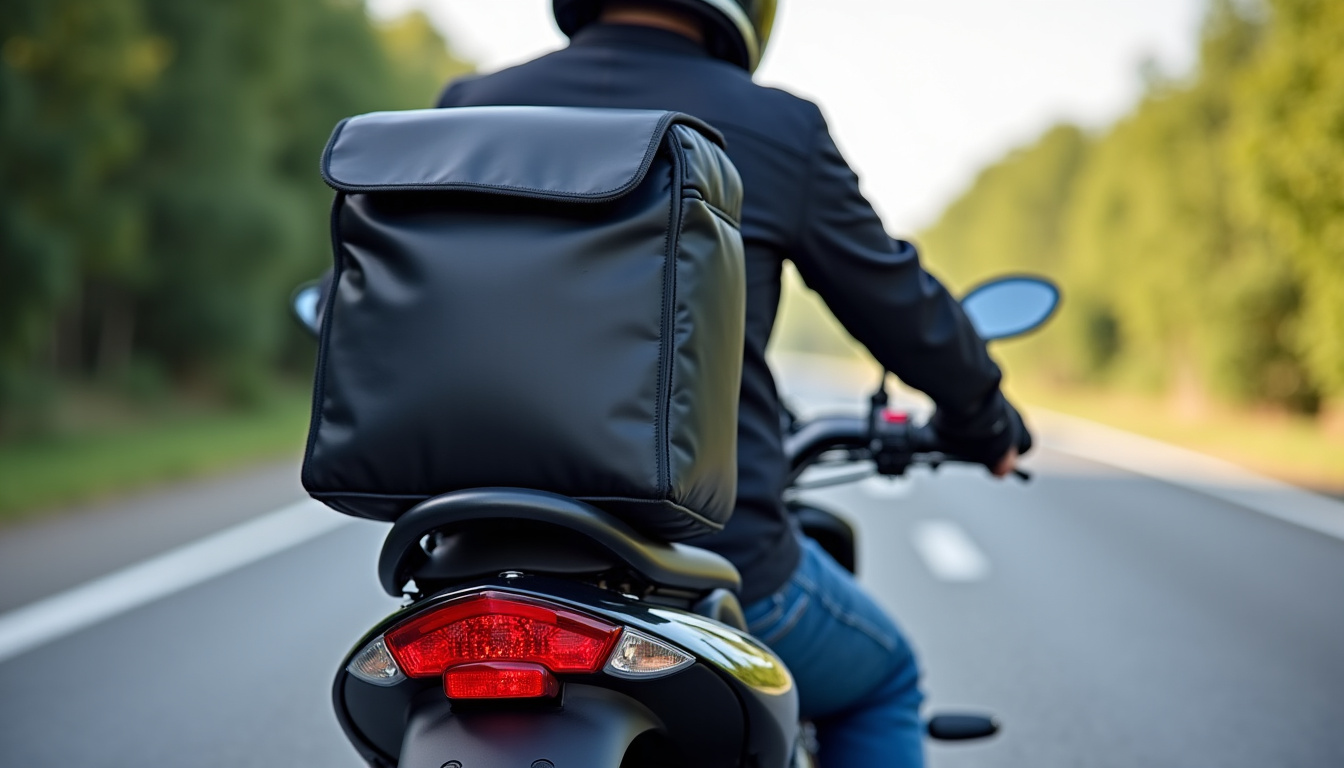 Sac à dos moto avec forme profilée et spoiler intégré, en situation de conduite sur route nationale