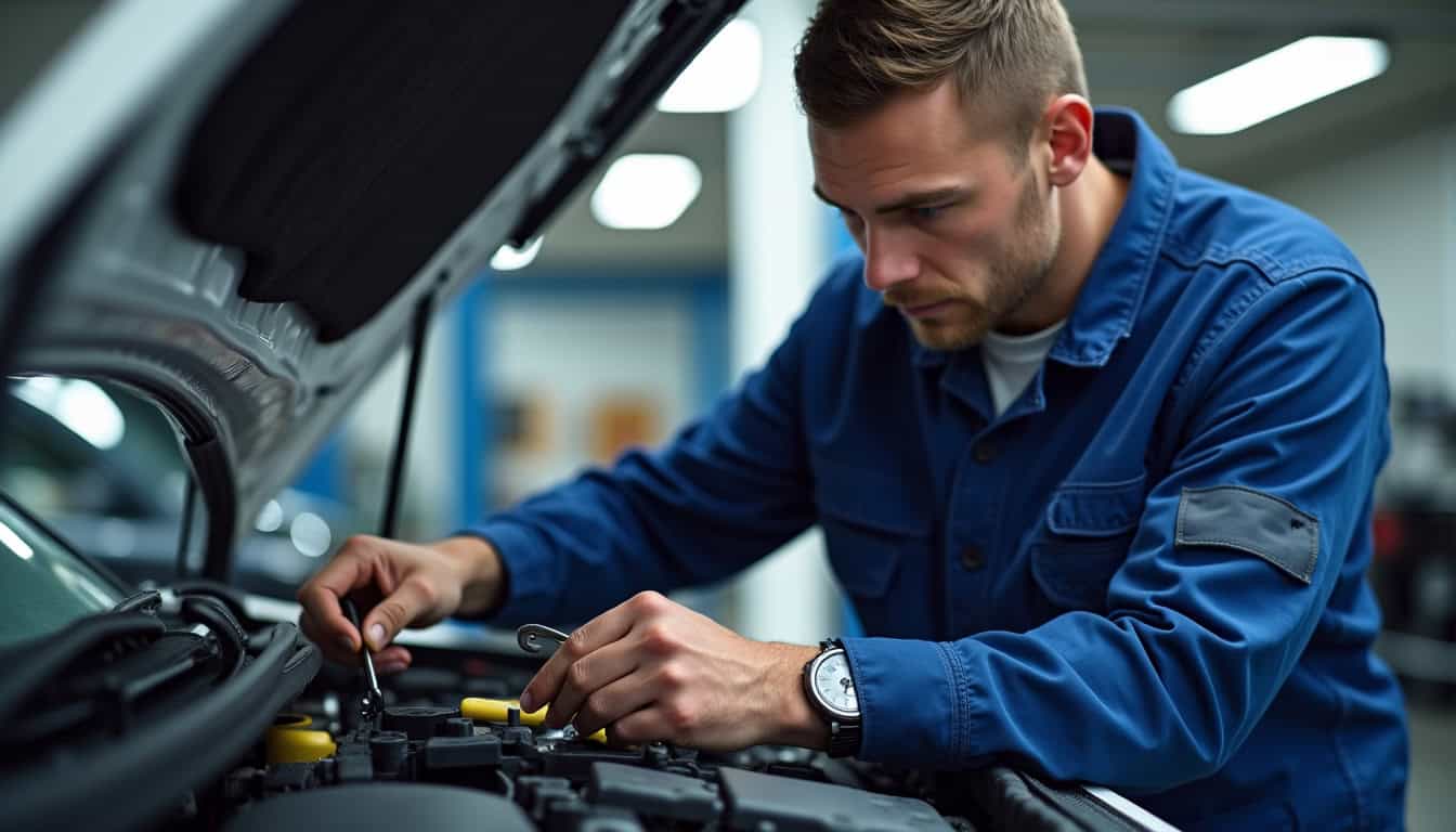Technicien en combinaison vérifiant le système de refroidissement dans un garage, avec outils de diagnostic