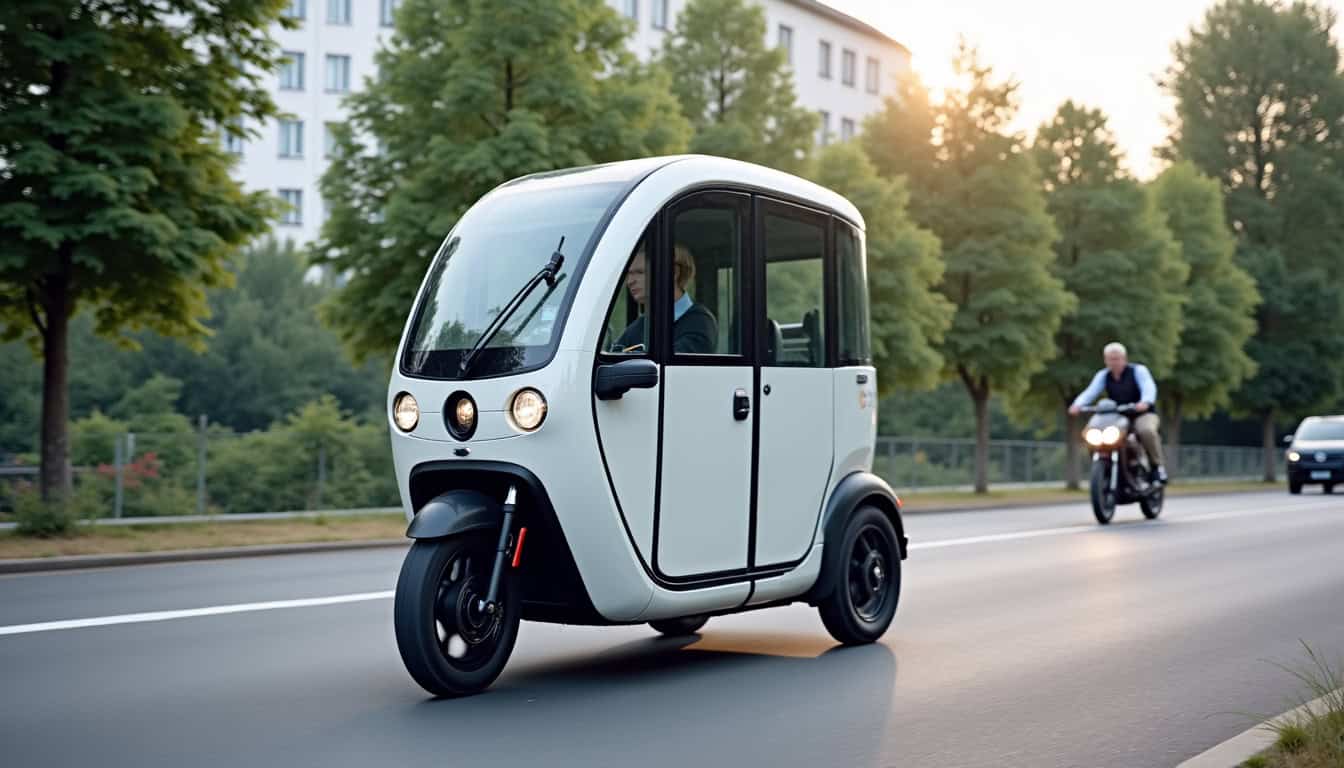 Trottinette électrique en circulation sur une piste cyclable en milieu urbain, avec équipements visibles