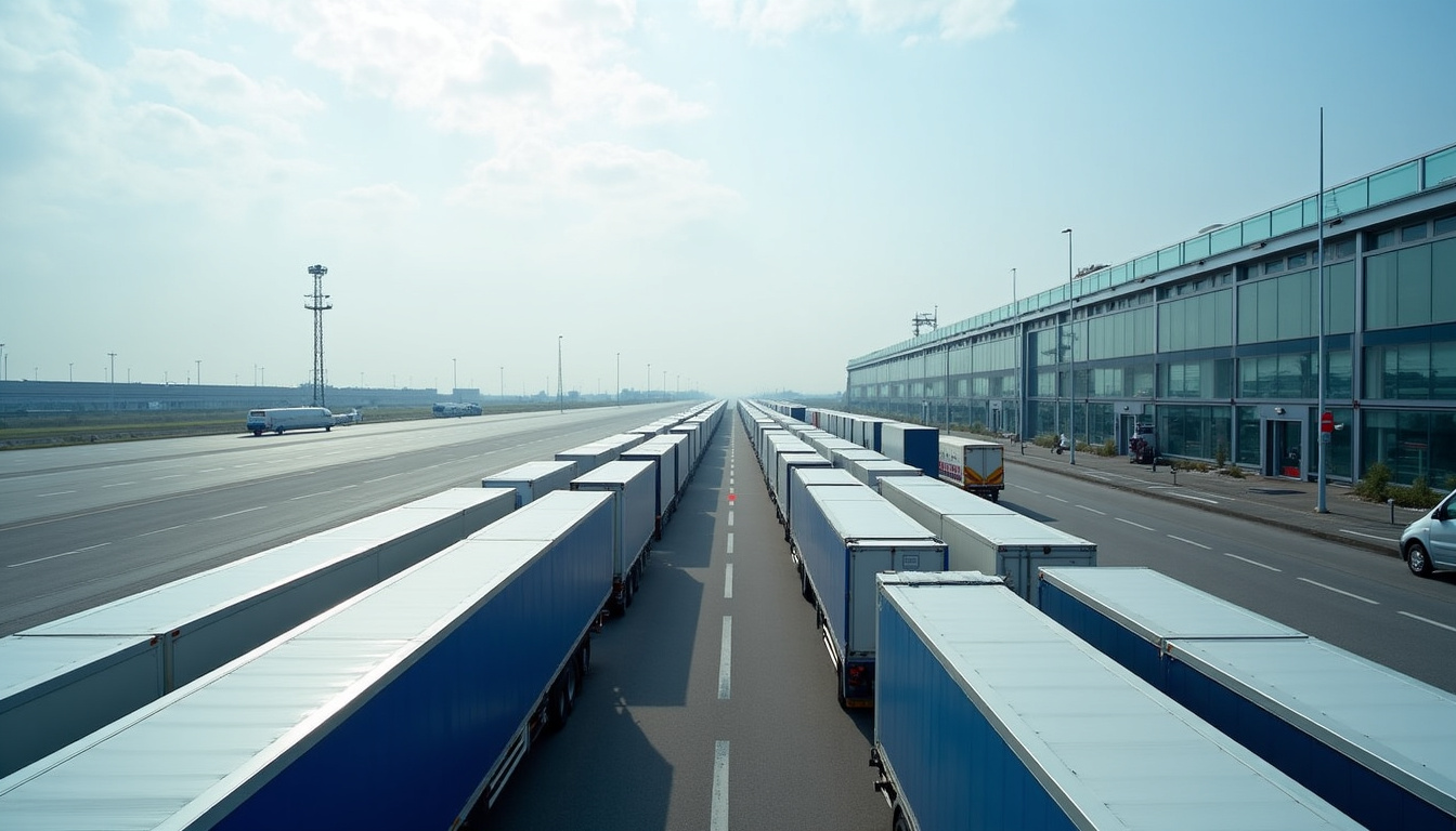 Vue aérienne du terminal de Calais avec des files de voitures attendant l