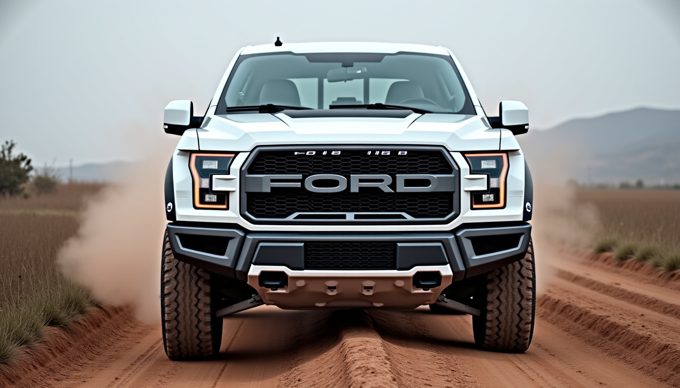 Vue de face du Ford F-150 Raptor 2026 en position de franchissement sur terrain accidenté