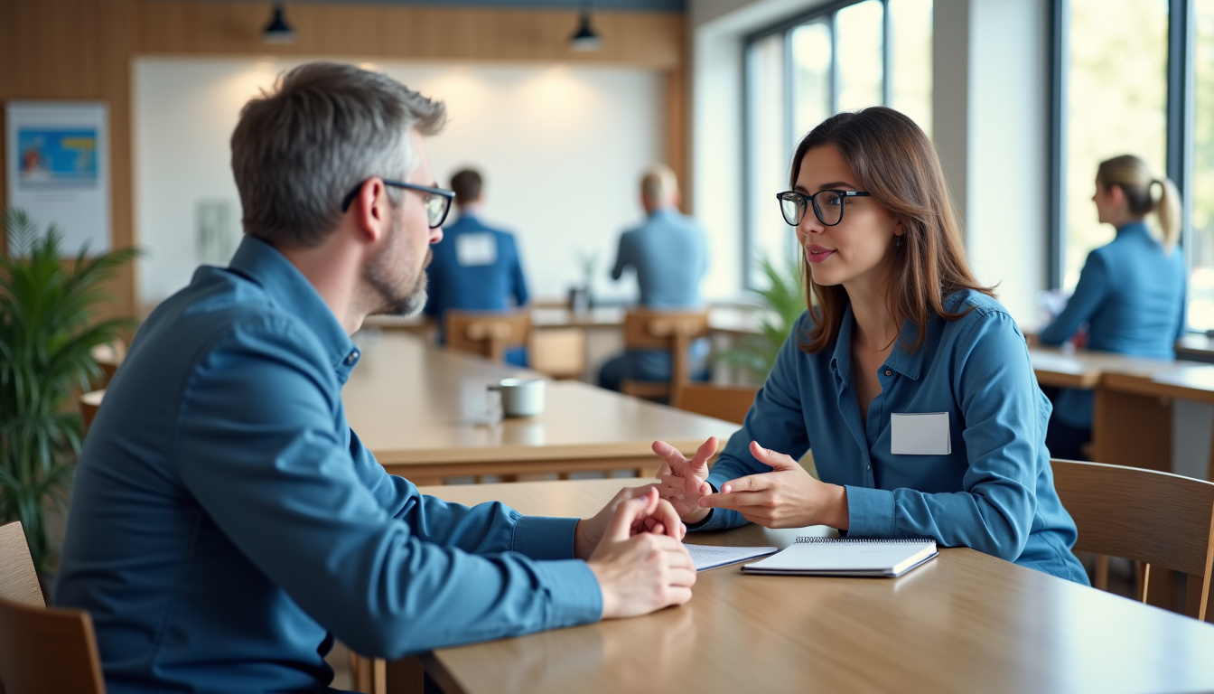 Client en conversation avec un conseiller bancaire dans un bureau de Poste