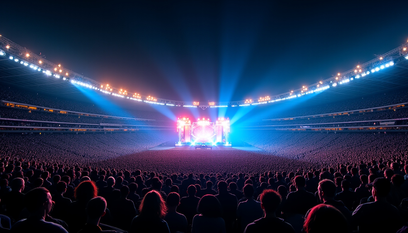 Concert au Stade de France en 2025, avec une foule massive et une scène centrale éclairée
