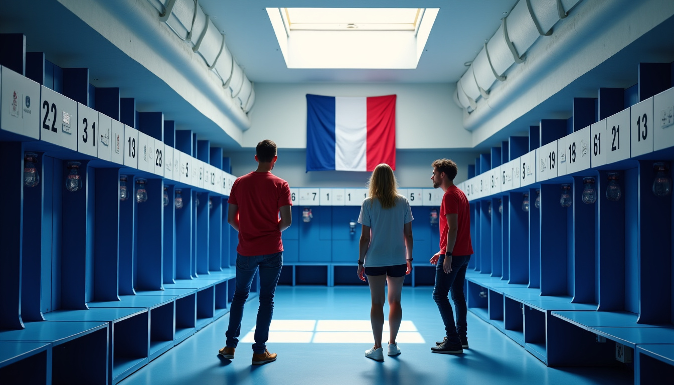 Groupe de visiteurs découvrant les vestiaires du Stade de France lors d