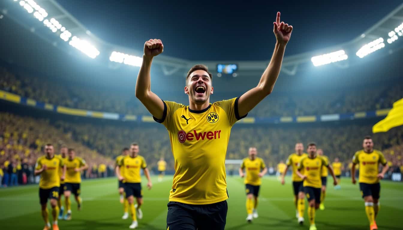 Joueur du Borussia Dortmund célébrant un but en Ligue des Champions 2025 sous les acclamations du public au Signal Iduna Park