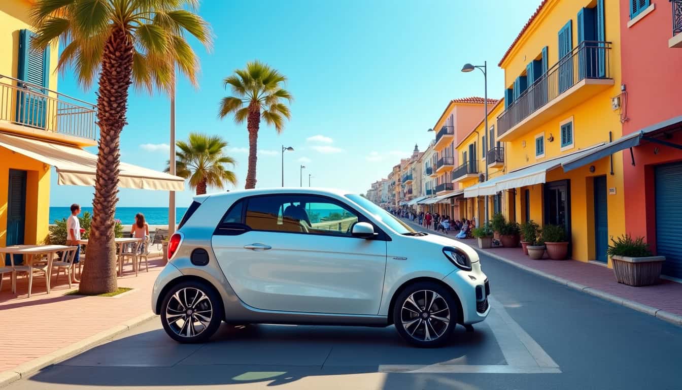 Voiture de location Turo stationnée dans une rue animée de Nice