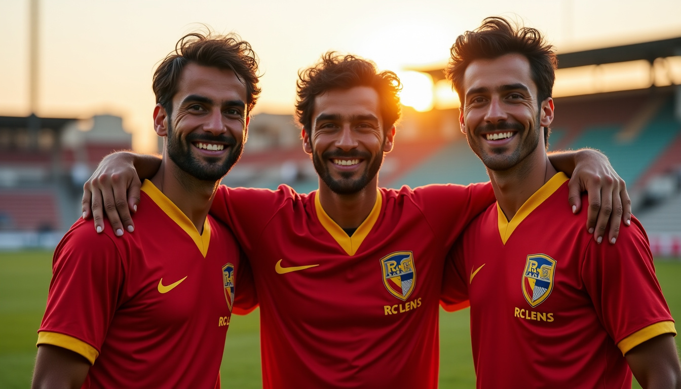 Photographie des anciens joueurs célèbres du RC Lens: Maryan Wisnieski, Ahmed Oudjani et Daniel Leclercq posant ensemble