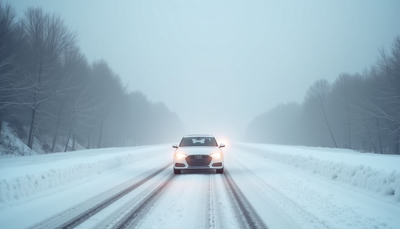 Voiture en train de circuler sur une route enneigée avec visibilité réduite