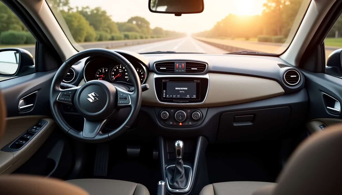 Vue intérieure de la finition GL de la Suzuki Swift 2026 montrant le tableau de bord et l