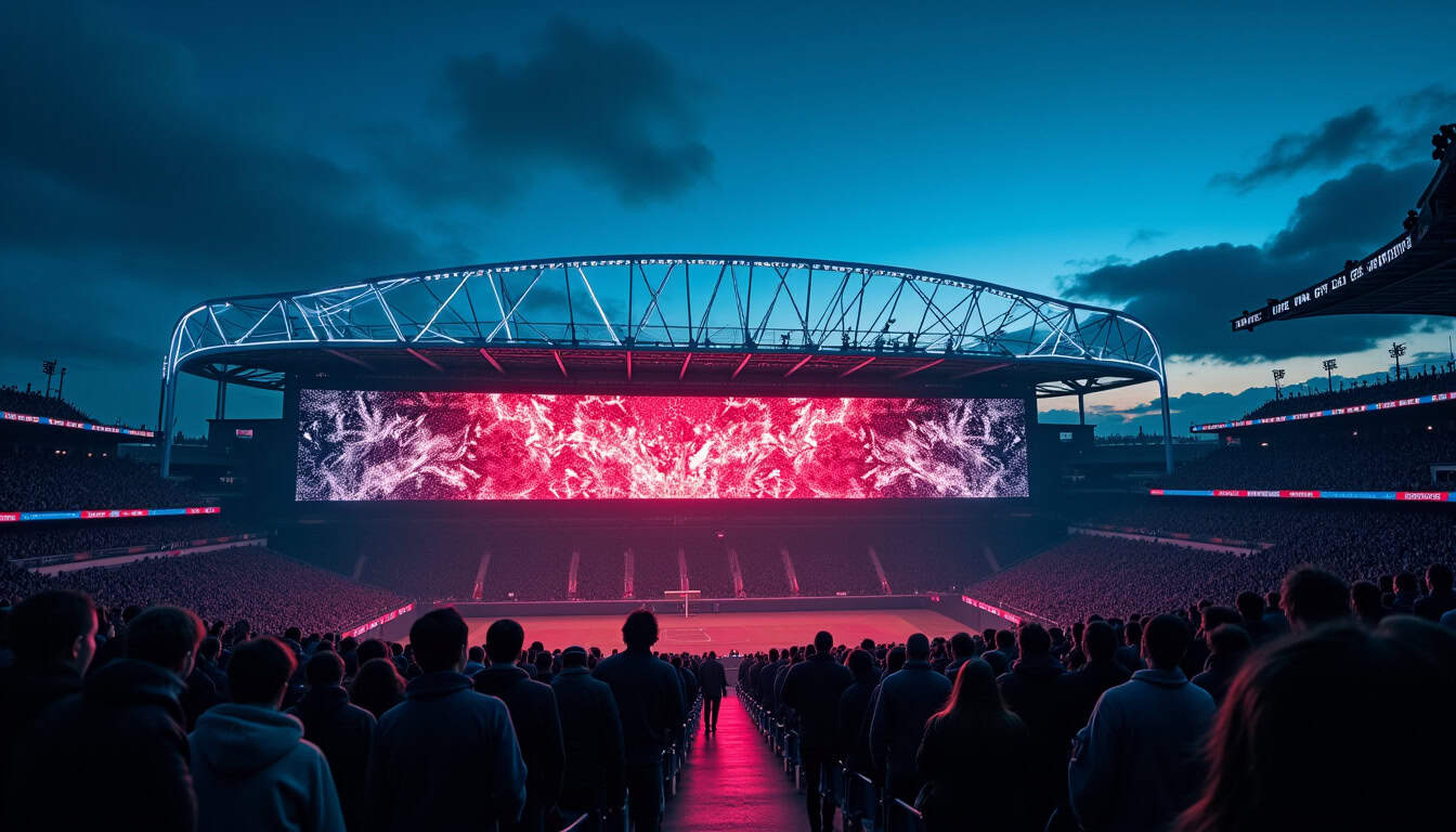 Vue nocturne du Parc des Princes avec le score du PSG affiché sur les écrans géants lors d