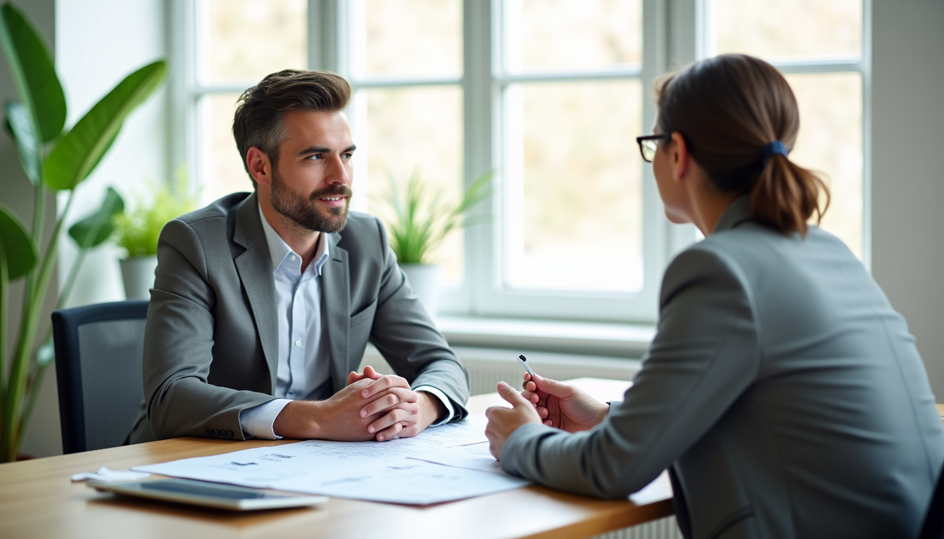 Agent immobilier discutant avec un client dans un bureau