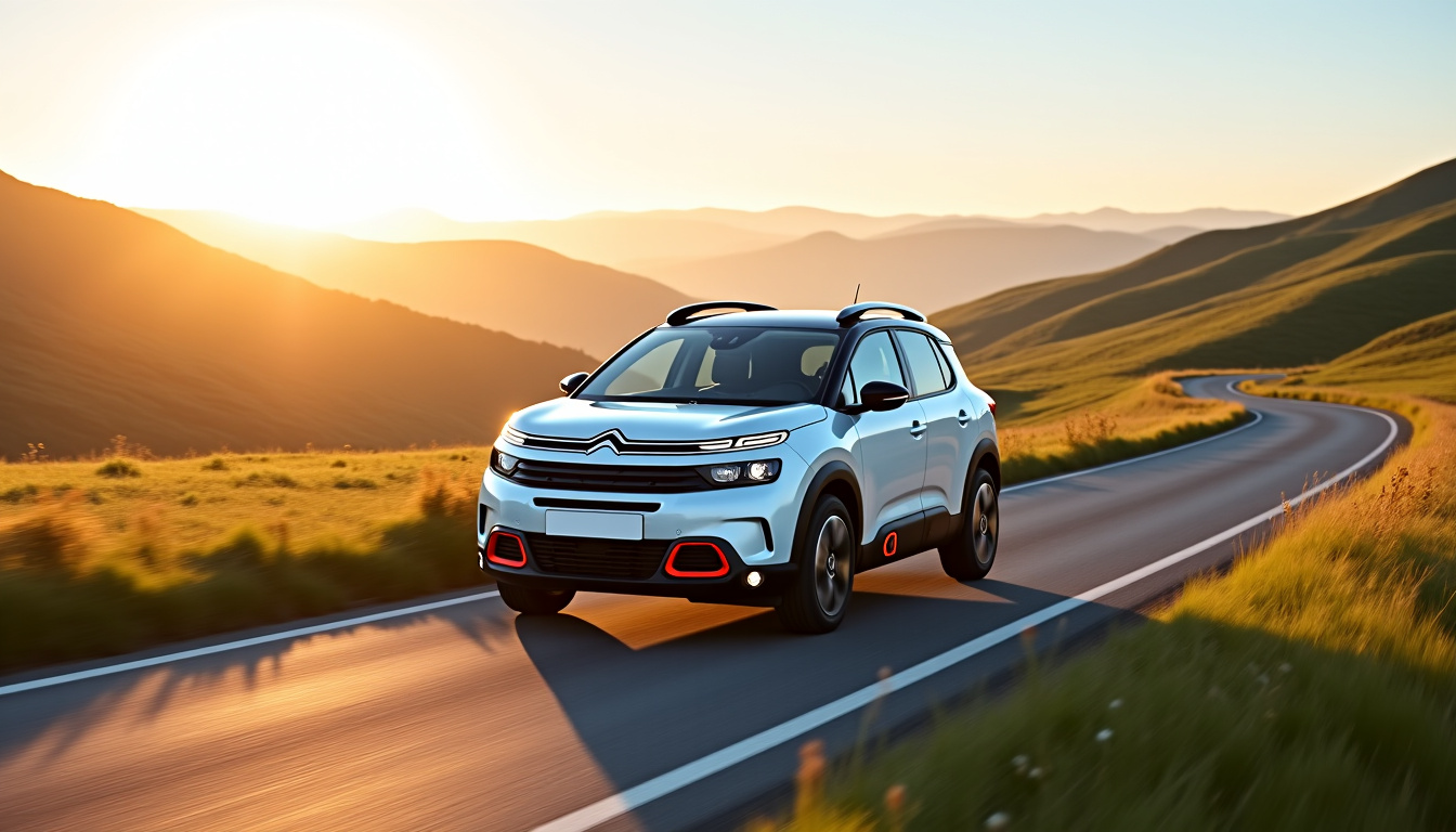 Citroën C3 Aircross 2025 en conduite sur une route de campagne, montrant son design moderne et ses lignes dynamiques