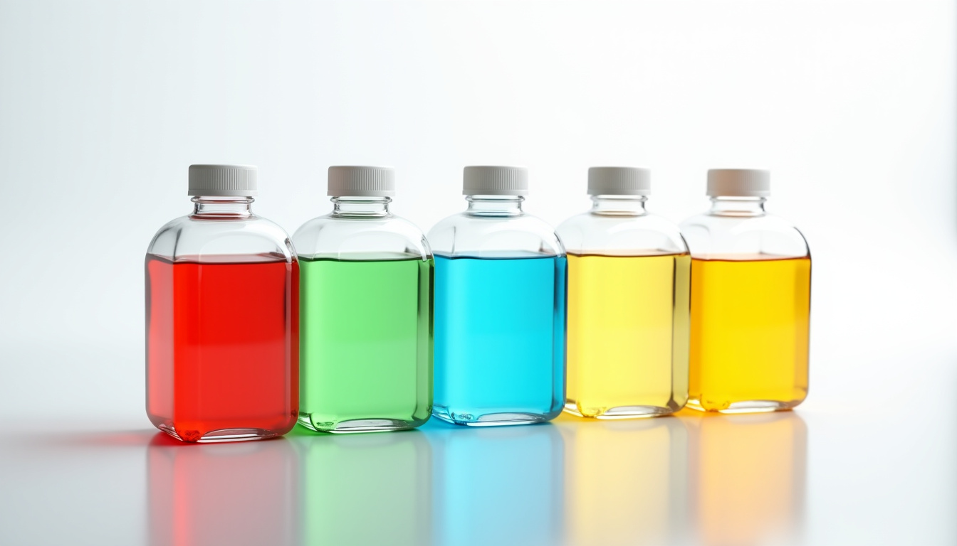 Comparaison visuelle des différents types de liquides de refroidissement avec leurs couleurs caractéristiques: rouge, vert, bleu, jaune