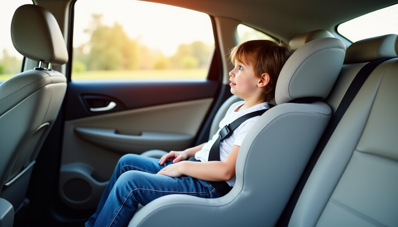Enfant assis dans un rehausseur voiture, ceinture bien positionnée sur les hanches et l