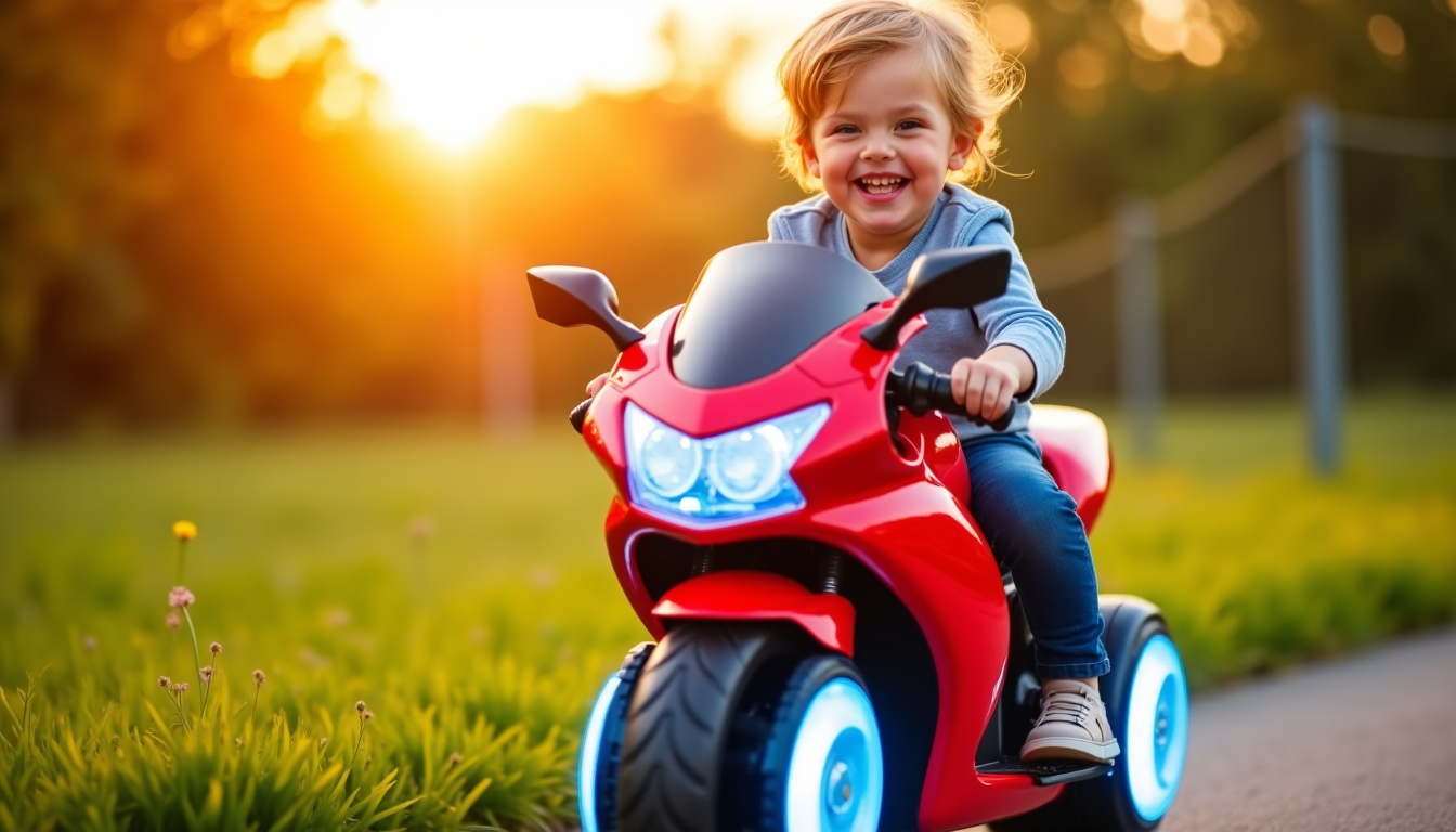 Enfant de 5 ans souriant sur une moto électrique rouge avec des lumières LED allumées
