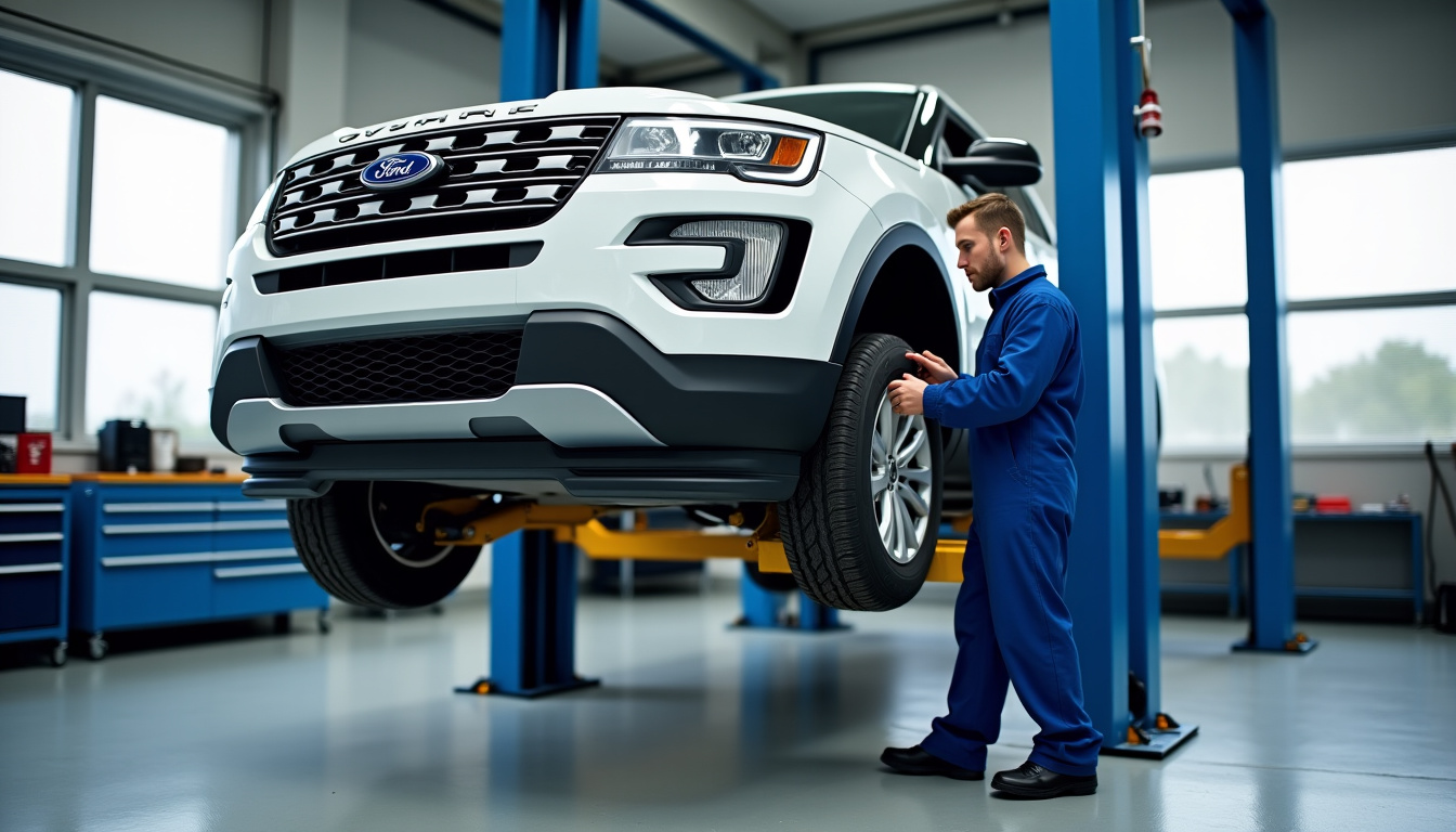 Ford Explorer en cours de maintenance dans un garage automobile