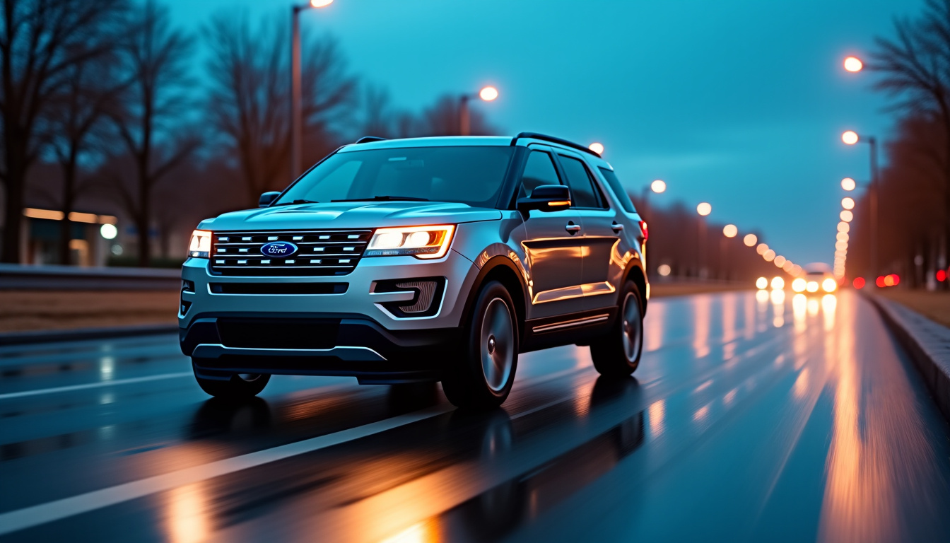 Ford Explorer en situation routière, montrant son design robuste et ses optiques LED
