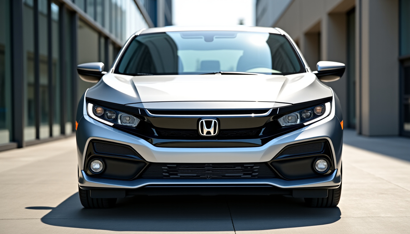 Honda Civic e:HEV 2026 vue de face, montrant son design moderne et ses phares LED