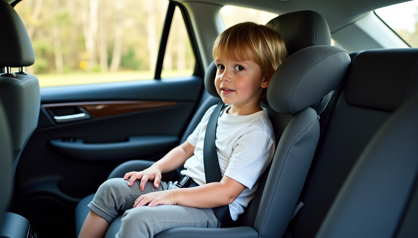 Illustration du bon positionnement de la ceinture de sécurité sur un enfant dans un rehausseur