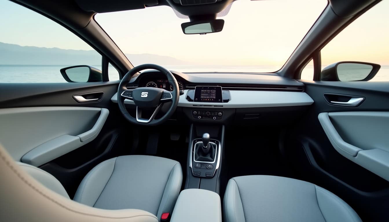Intérieur moderne de la Seat Ibiza 2026 avec écran tactile, sièges ergonomiques en tissu technique et rangements optimisés