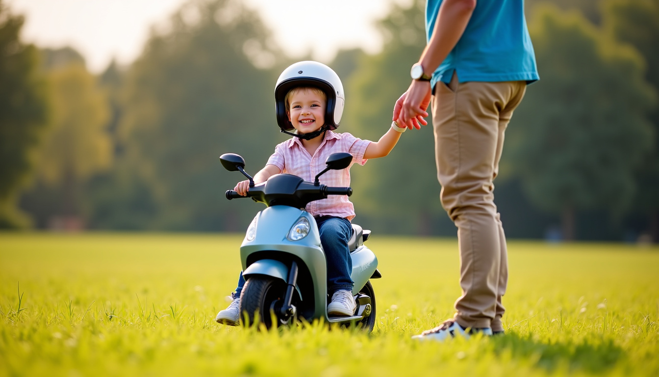 Moto électrique pour enfant de 5 ans en train de rouler sur un terrain plat avec un adulte à proximité