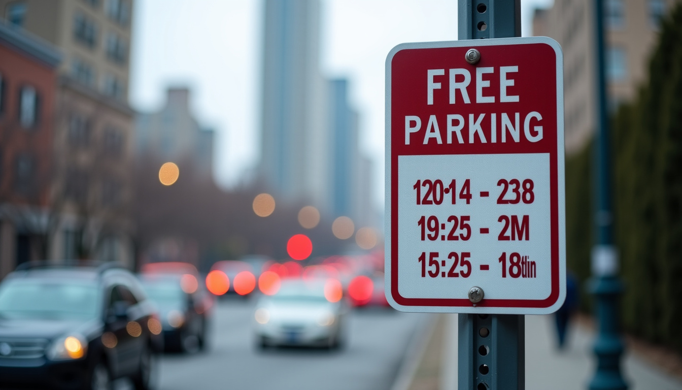 Panneau de stationnement indiquant les heures gratuites dans une zone urbaine