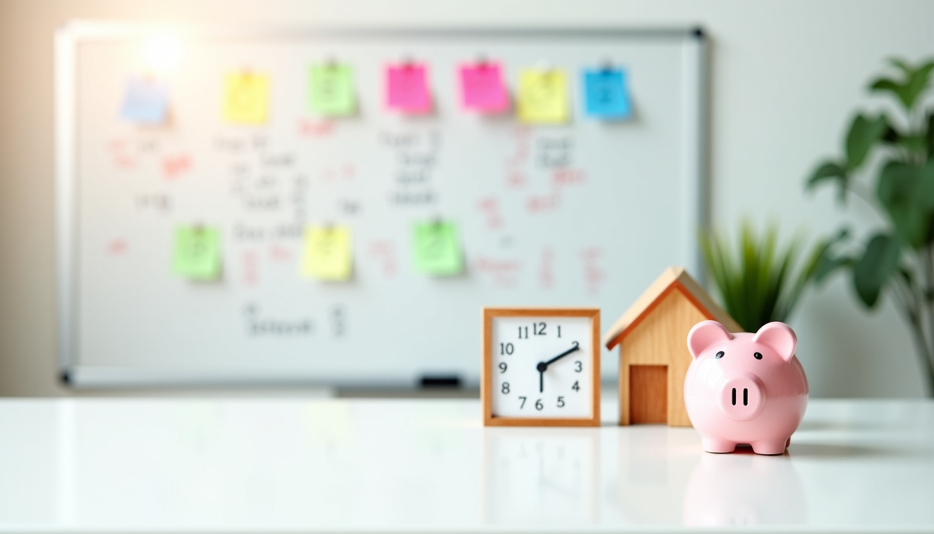 Planification d’objectifs financiers sur un tableau blanc avec des post-it et des flèches