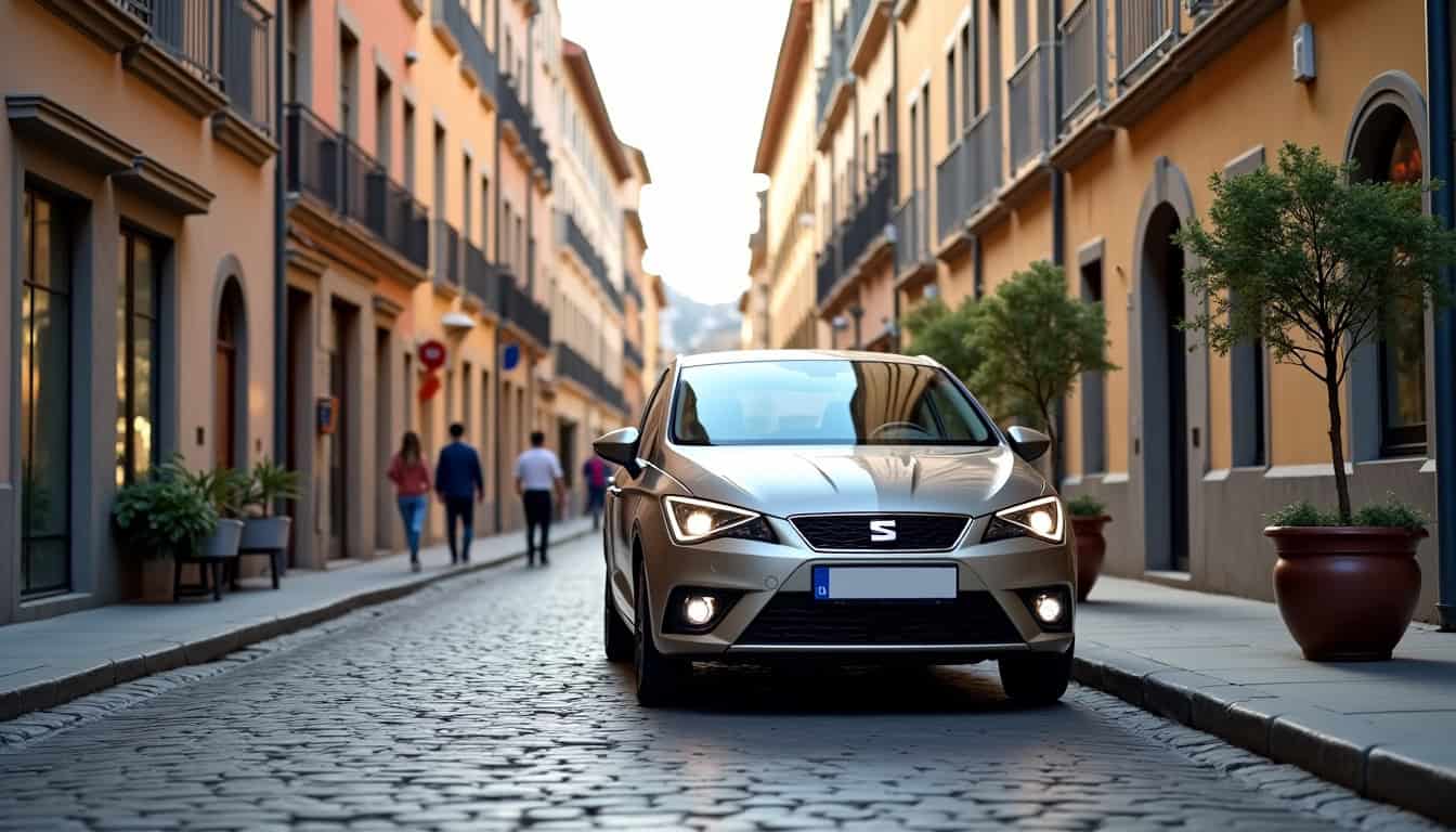Seat Ibiza 2026 en stationnement compact dans une rue étroite de centre-ville