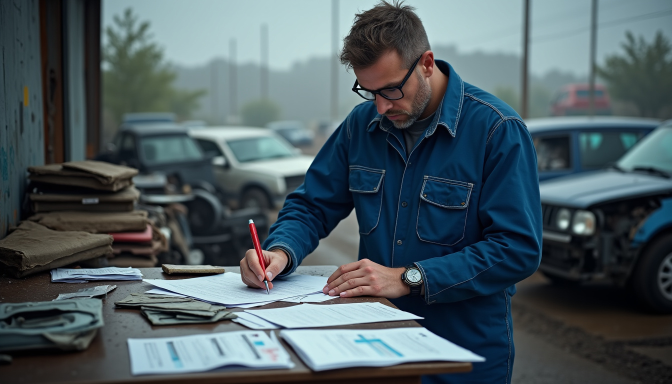 Un employé de casse auto examine une carte grise barrée avant destruction du véhicule