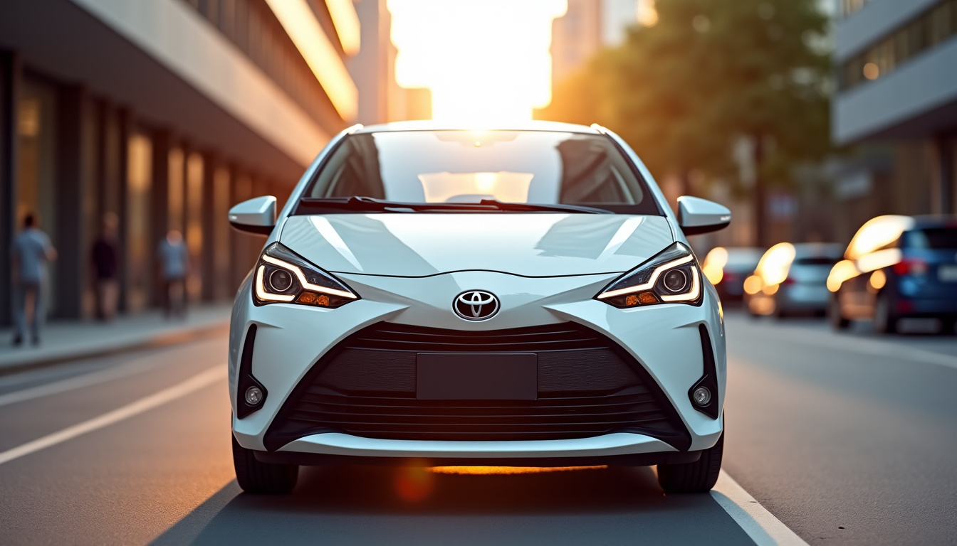 Vue de face de la Toyota Yaris berline 3 portes hybride en couleur blanc nacré sur route urbaine