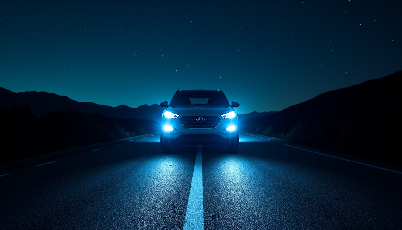 Vue de nuit du Hyundai Tucson avec feux Matrix LED allumés sur une route