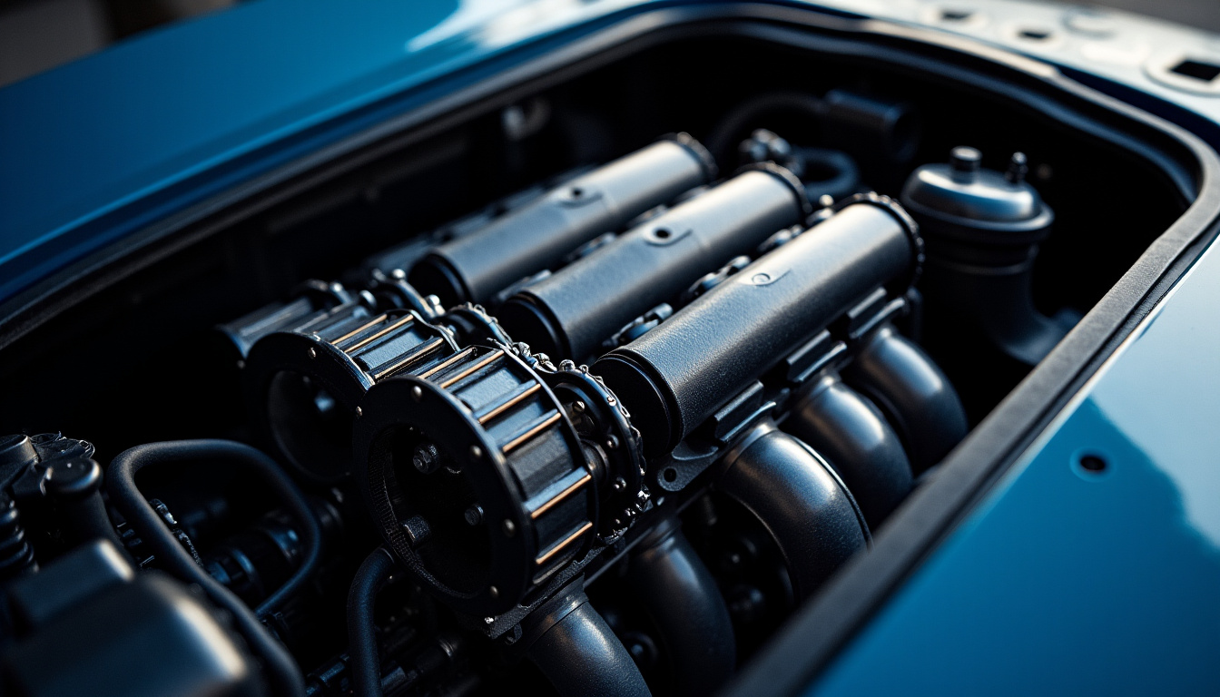 Vue détaillée du moteur W16 de la Bugatti Veyron, montrant sa configuration compacte et ses quatre turbocompresseurs