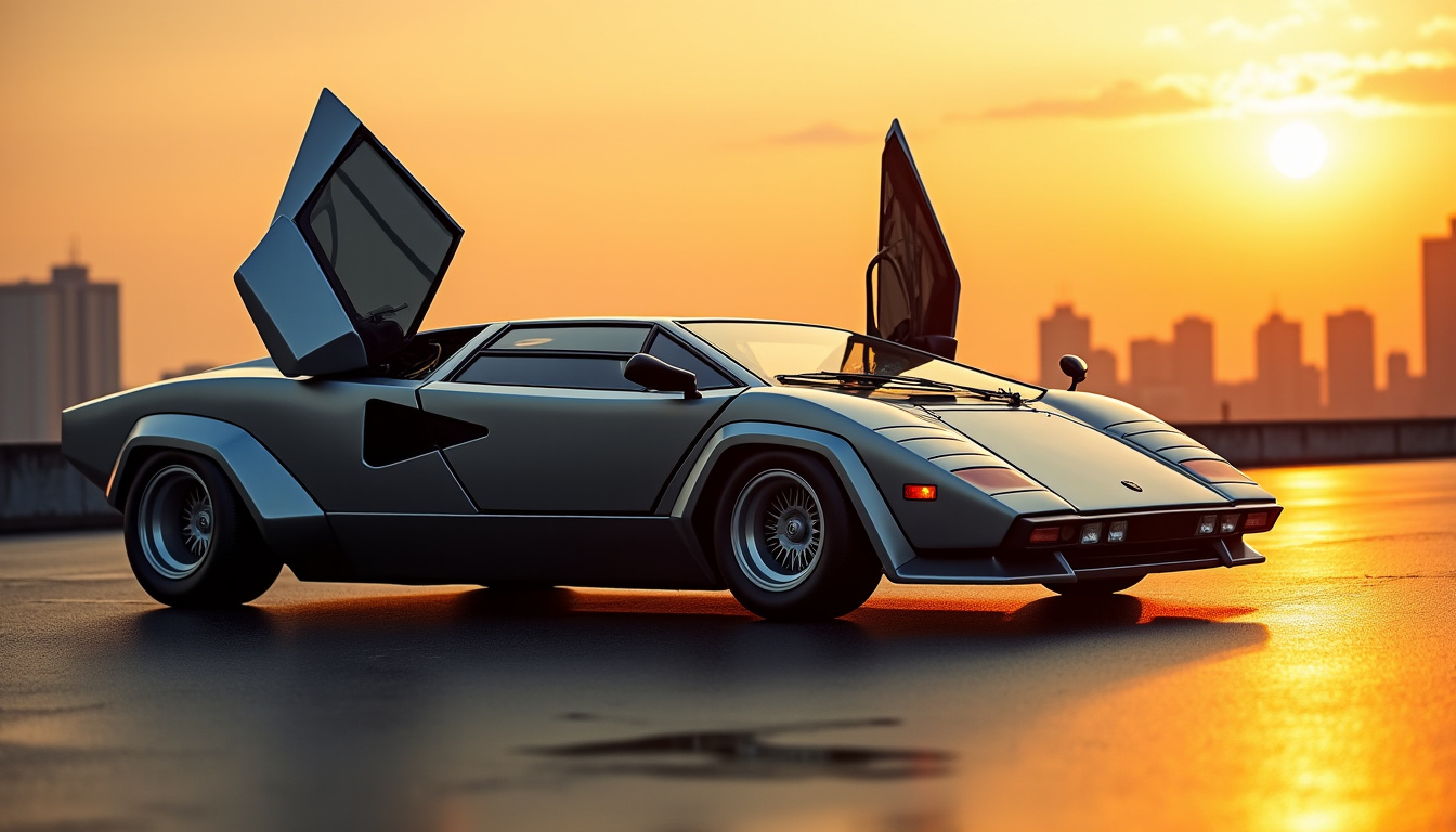 Vue latérale de la Lamborghini Countach montrant ses lignes anguleuses et ses portes en ciseaux