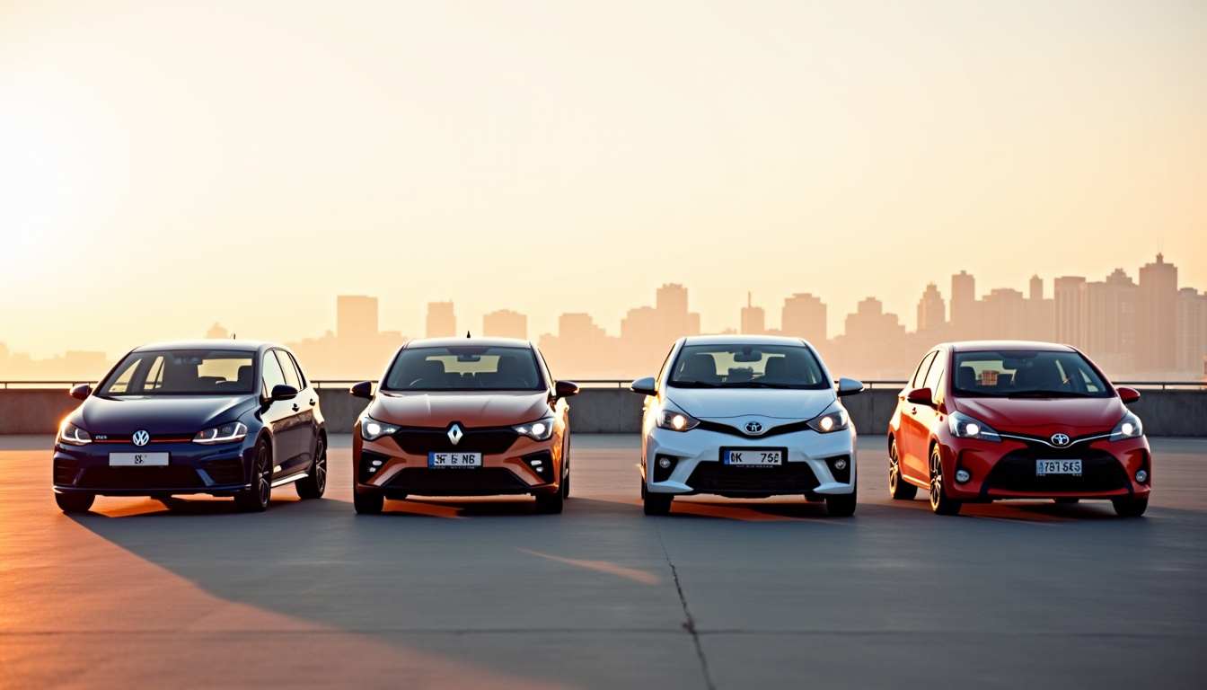 Alignement de voitures: Golf GTI, Focus ST, Mégane RS et GR Yaris sur un parking