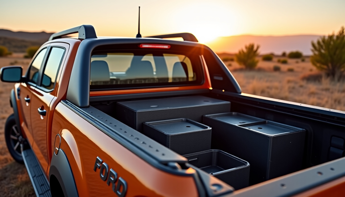 Benne du Ford Ranger équipée de bacs de rangement, couvre-bac et barres latérales