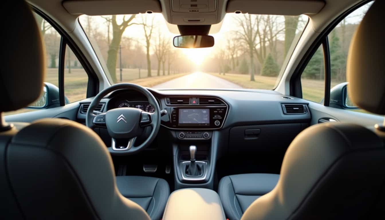 Intérieur d’un Citroën C4 Picasso, vue du poste de conduite et du tableau de bord