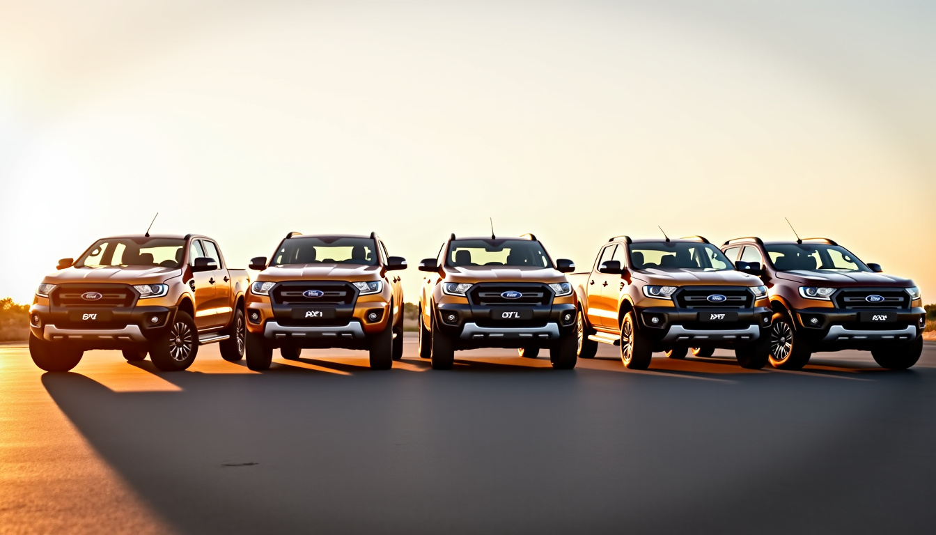 Comparaison visuelle des différentes finitions du Ford Ranger: XL, XLT, Wildtrak, Limited, Platinum